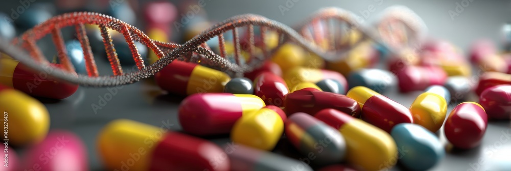 Aufkleber colorful capsules and 3d dna spirals create a vibrant display in a conceptual healthcare setting gen