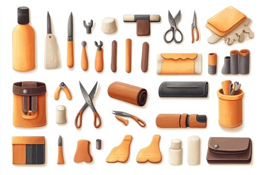 Leather Craft Tools and Materials  Brown and Beige Leatherworking Supplies on White Background