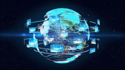 Futuristic digital earth with floating data screens and global network connections in outer space showing information exchange. This is a digital earth with data screens - Powered by Adobe