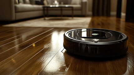 Smart robot vacuum cleaner on hardwood floor in a modern living room