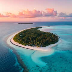Aerial View of Tropical Island at Sunset Pristine Beaches and Lush Greenery