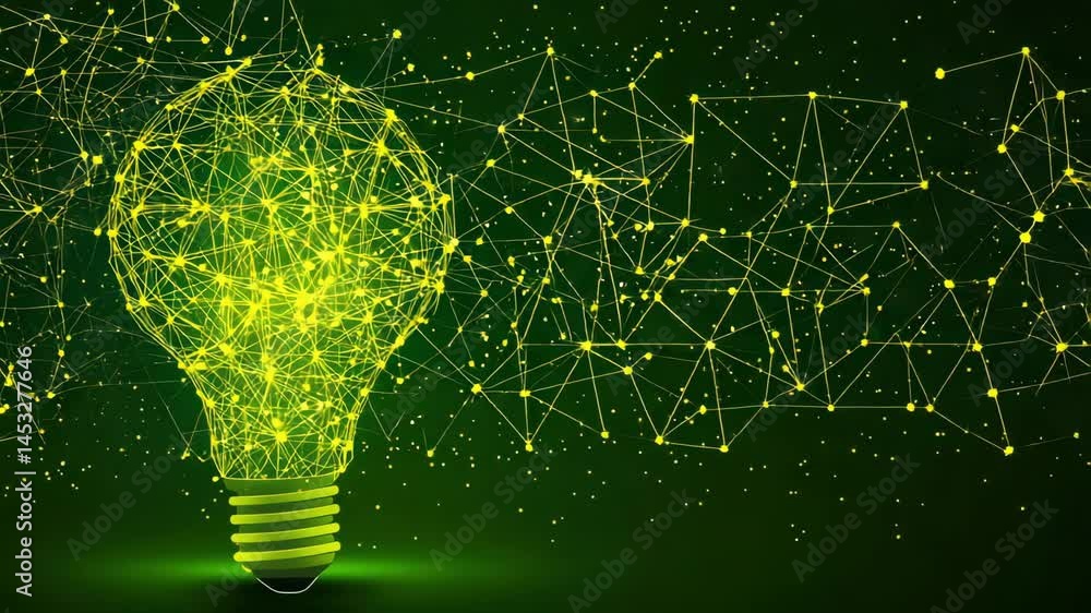 Poster glowing yellow light bulb network connection technology with glowing lines and dots dark background