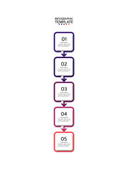 Infographic template featuring five vertical, numbered, rounded squares with a gradient from dark purple to red outlines. Each rounded square is connected by downward arrows and contains a number.