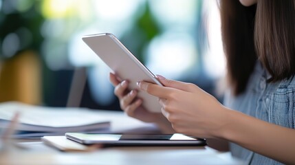 Fototapeta premium Multitasking Business Woman Using Digital Tablet and Mobile Phone, Busy Working at Office. Closeup of Efficient Workflow and Student Online Studying via Tablet PC on Table