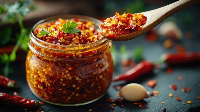 Spicy chili sauce in a glass jar