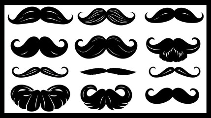 Collection of eight different mustache shapes, vector illustration, black and white, simple design, perfect for party supplies, graphic design projects, and more.