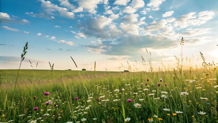 Fototapeta premium Serene Summer Meadow Wildflowers, Grass, and Golden Sunset