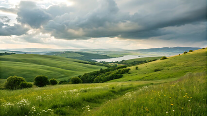 Obraz premium Serene Rolling Hills Landscape Dramatic Sky Over Lush Green Valley