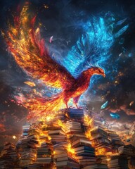 A mythical phoenix rising from burning books.