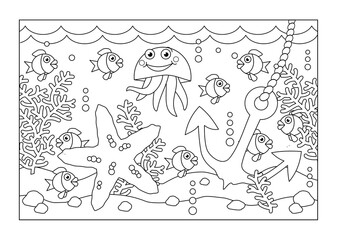 Underwater coloring page with anchor and sea life scene
