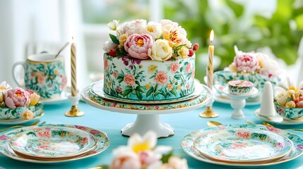 Floral cake on a cake stand surrounded by elegant floral china.  A delightful scene perfect for birthdays, bridal showers, or high tea.