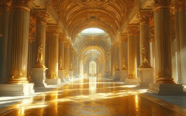 Fototapeta premium Grand, gilded architectural hallway, bathed in golden light.