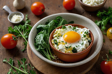 Two elegant egg toasts with vibrant yolks and fresh herbs, nestled in a dark bowl