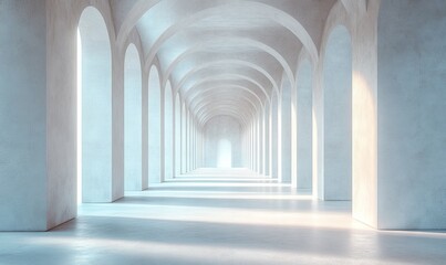 Naklejka premium Empty, light-filled architectural hallway with arched ceilings.