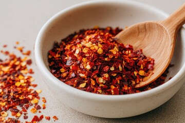 Vibrant Red Pepper Flakes in White Bowl with Wooden Spoon Detail