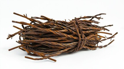Fototapeta premium Thick barbed wire twisted with smaller wires on white background.