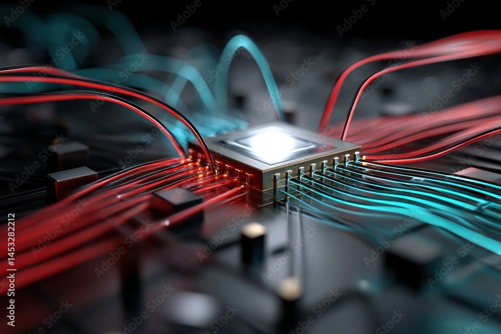 Leinwandbilder ai chip in the center with vibrant red and blue cables struggling for control creating an intricate 