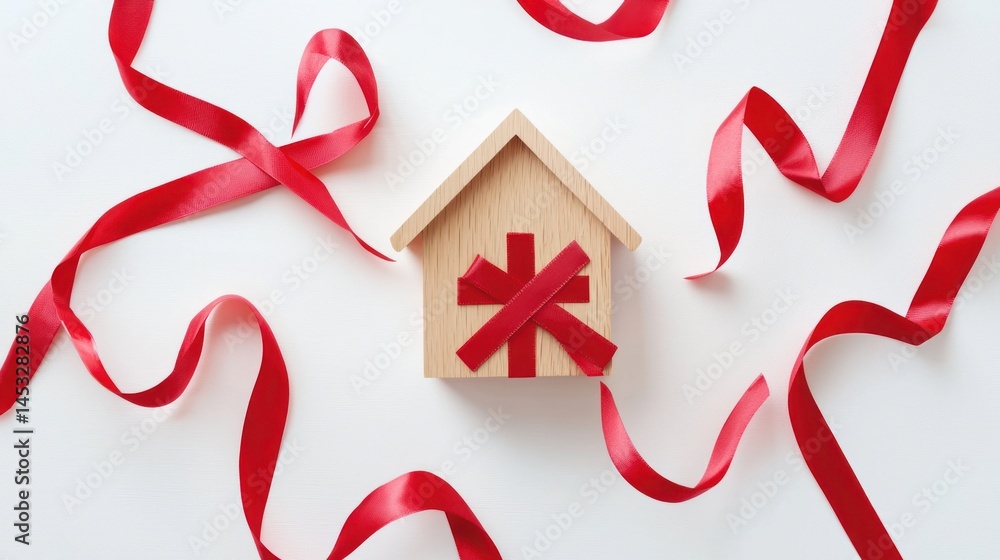 Poster tiny house with red ribbon forming a cross pattern around the structure on white background.