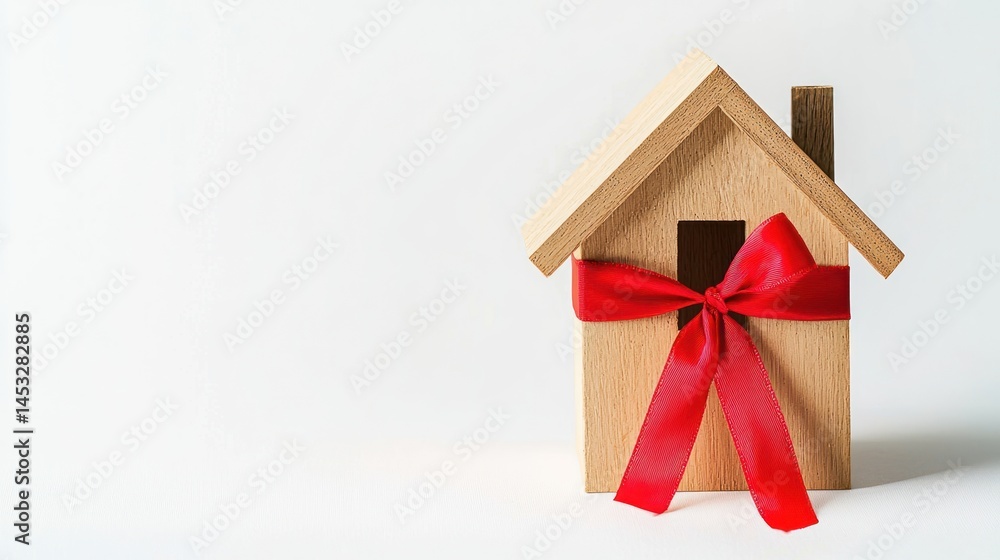 Aufkleber tiny house with red ribbon forming a cross pattern around the structure on white background.