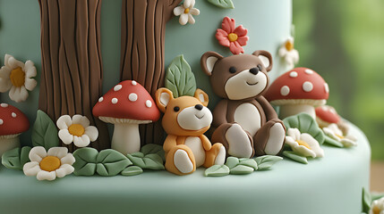 Fototapeta premium Adorable fondant teddy bears and mushrooms adorn this whimsical woodland-themed cake. Perfect for a baby shower or birthday celebration.