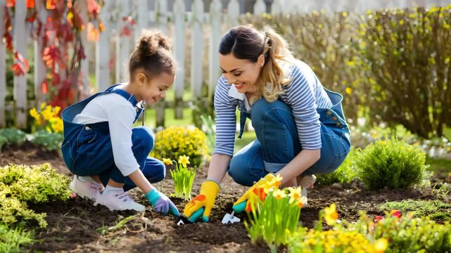 FD 054 - Mother and Daughter Gardening Together in Backyard