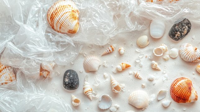 Torn plastic bags with small shells and pebbles on white background