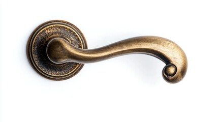 Obraz premium Traditional brass door handle with a curved lever and round keyhole, on white background