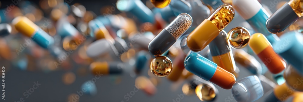Poster Floating Capsules and Vials Create an Abstract Representation of the Medicine World in Dynamic Motion Generative AI