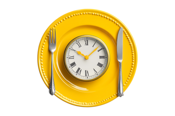 Clock on empty plate and vibrant yellow fork and knife isolated on transparent background
