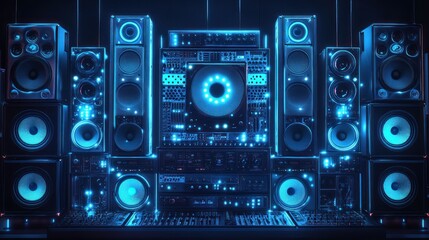 Fototapeta premium Neon Blue Audio Symphony: A Futuristic Soundscape of Vintage and Modern Audio Equipment