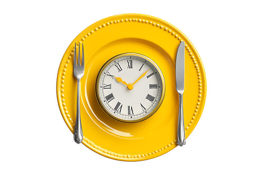 Clock on empty plate and vibrant yellow fork and knife isolated on transparent background
