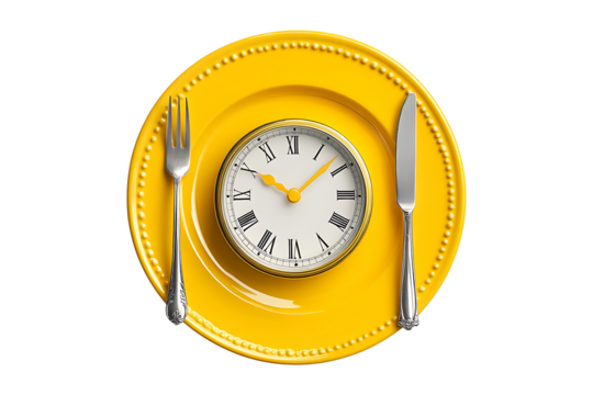 Clock on empty plate and vibrant yellow fork and knife isolated on transparent background
