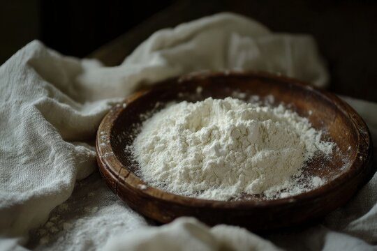 White Flour in Rustic Wooden Bowl on White Cloth