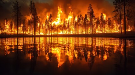 Obraz premium Fire in Forest: A powerful image of a forest fire with flames devouring trees, their reflections mirroring in a tranquil body of water, symbolizing both destruction and resilience.