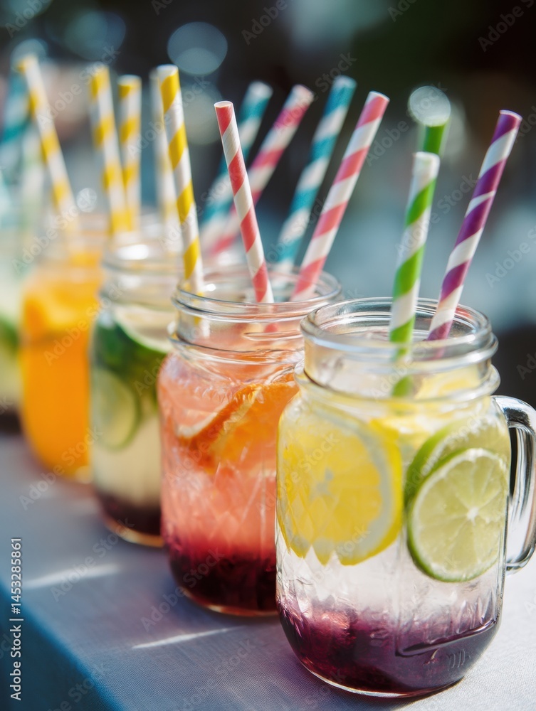 Poster refreshing close-up of mason jar drinks with colorful straws perfect for summer gatherings and outdo