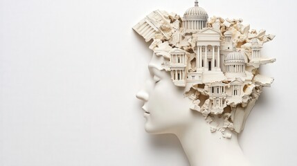 A white sculpture of a human head with classical buildings emerging from the top, blending architecture and imagination.
