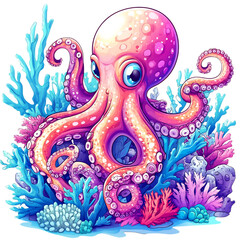 Cartoon Octopus Hiding in Coral Oceanic Blues Isolated on Transparent Background