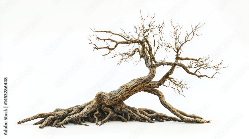 Poster tree with exposed roots and rough bark texture on white background.