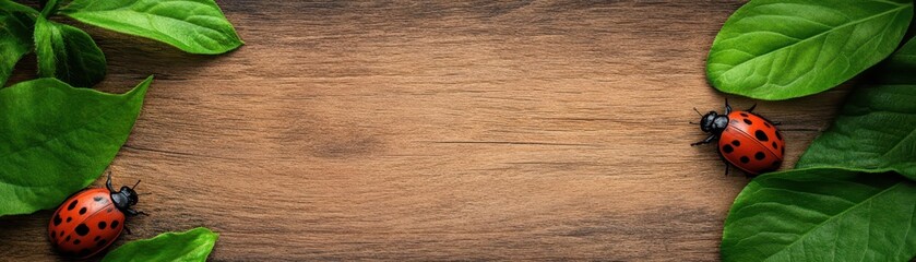 Fototapeta premium A ladybug is on a leaf next to a wooden background