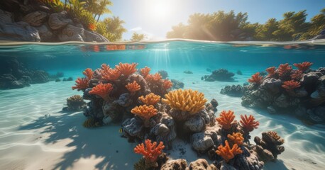 Crystal-clear water, sunbeams filtering, revealing colorful coral and sandy bottom , vibrant, sun rays