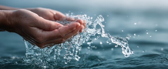 Fototapeta premium Hands Holding Water, Freshness, Purity, and Clarity with Fluid Motion and Natural Resources