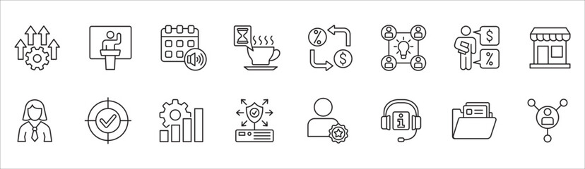 Business and management icon set. Contains symbol of businessman, target, finance, financial, success, data, customer service, work, money, store, shop, meeting, education, idea. Vector illustration