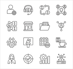 Business management icon set. Contains icon of businessman, target, accounting, finance, profit, success, data, customer service, work, store, shop, meeting, education, idea. Vector illustration