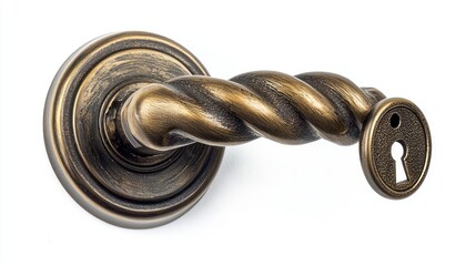 Obraz premium Twisted handle antique bronze door knob with a matching keyhole, on white background