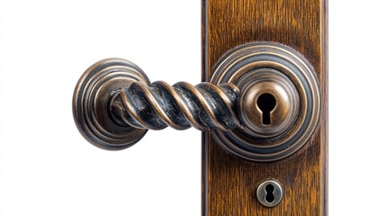 Fototapeta premium Twisted handle antique bronze door knob with a matching keyhole, on white background