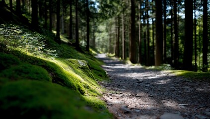 Obraz premium Sunlit forest path winding through mossy, rocky terrain