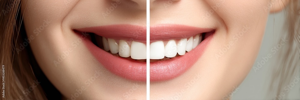 Poster transformative smile with before and after teeth restoration showcasing split face and improved dent