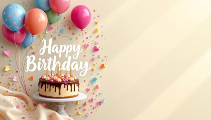 abstract birthday greeting cards design with cake, balloons, and typography, ivory tones, rim light on the right side