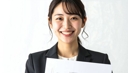 Smiling Japanese HR officer handing out a recognition certificate