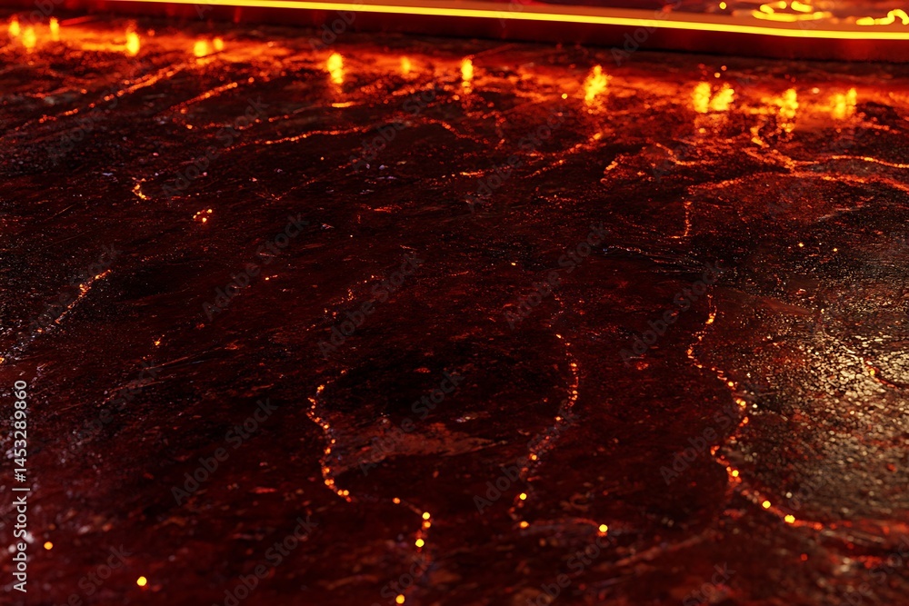 Poster abstract red and orange water feature with reflections in low light setting capturing the texture an